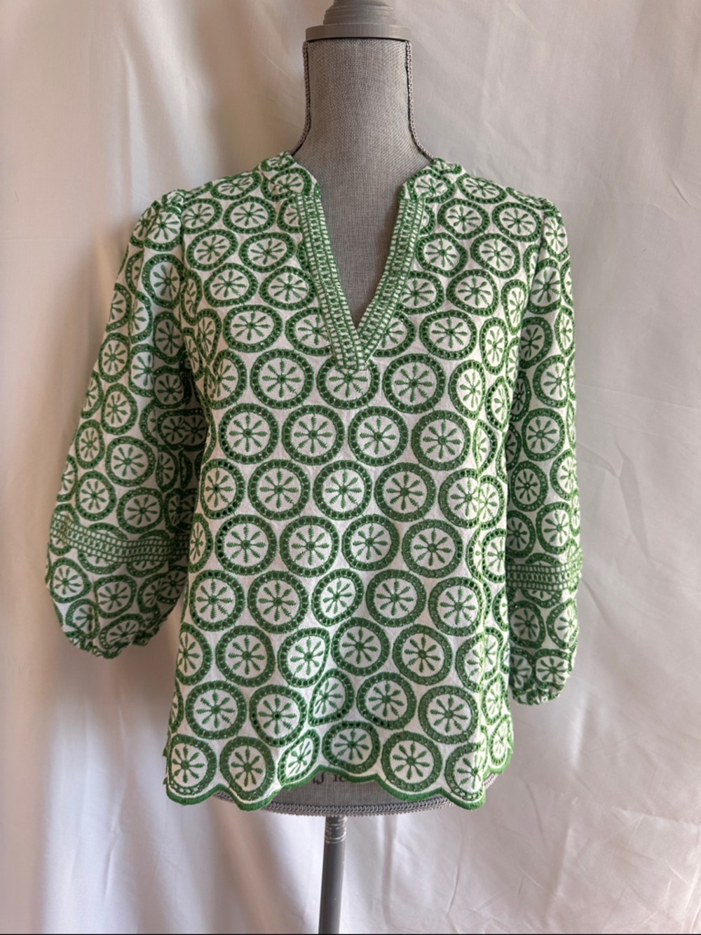 Shoshanna Green and White Embroidered Split V-Neck Tunic